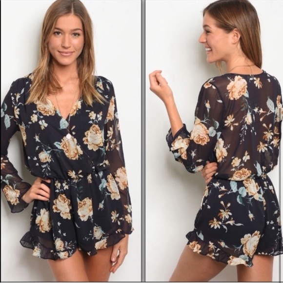 Navy Floral Long Sleeve Romper - Picture 2 of 2